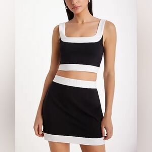 Black & White Colorblock Contrast Trim Square Neck Cropped Tank & Mini Skirt Set